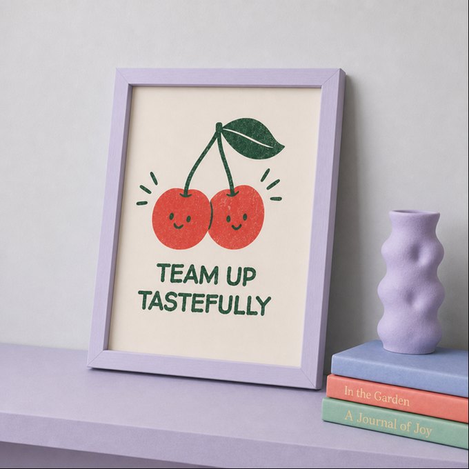 Team Up Tastefully print framed on a shelf at home